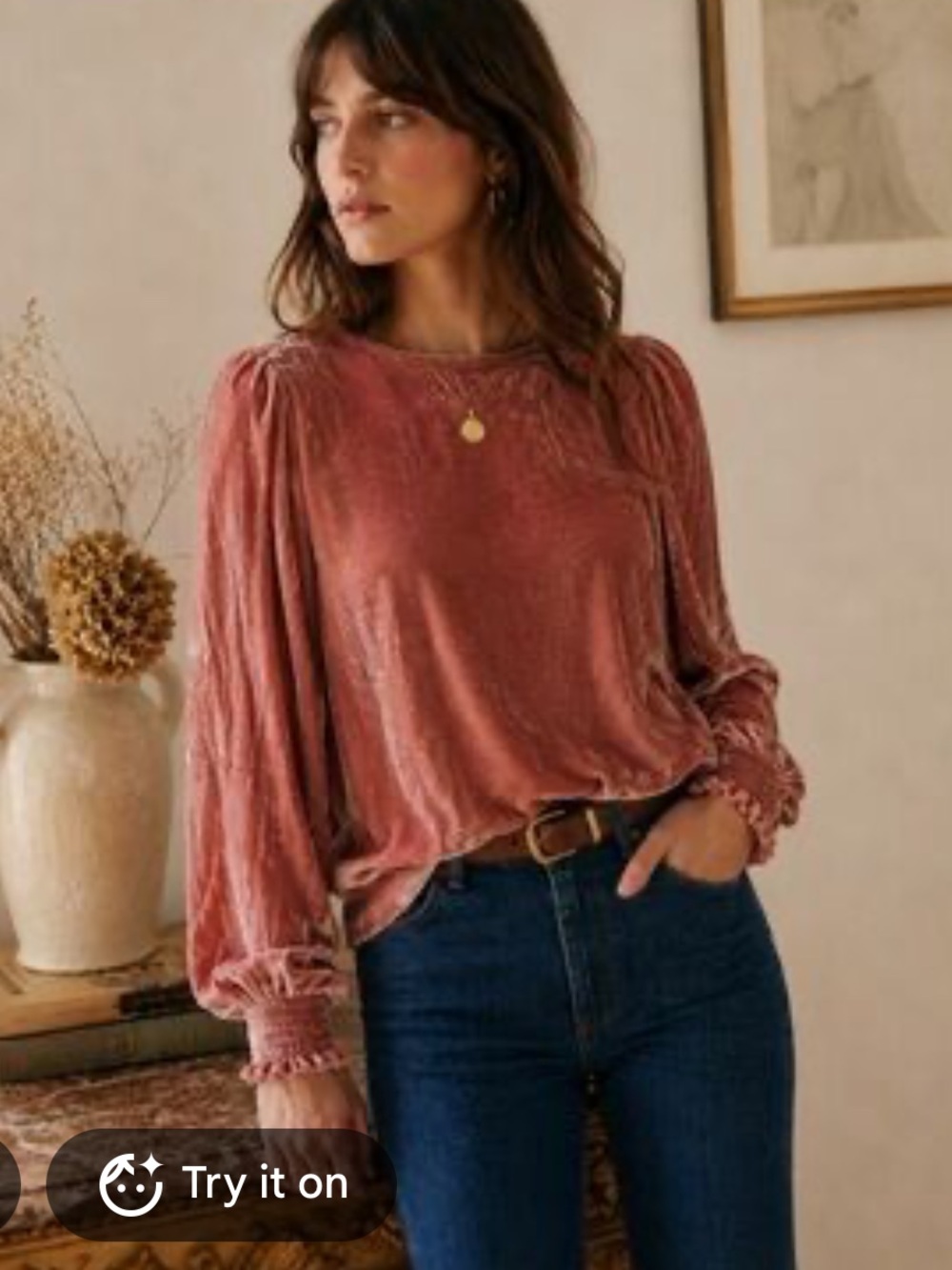 Sezane pink long sleeve velvet blouse